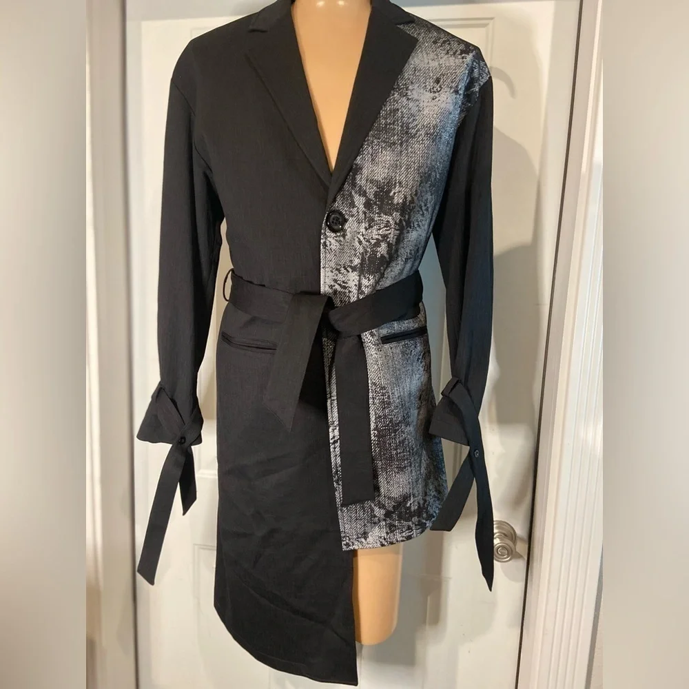 Geranx Men’s Style~Asymmetric~Color Block~Graphic~Belt~Trench/Suit Coat~Size XL - Picture 7 of 16